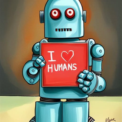 Robot holding a sign which says "I LOVE HUMANS."  by @Jay Dee