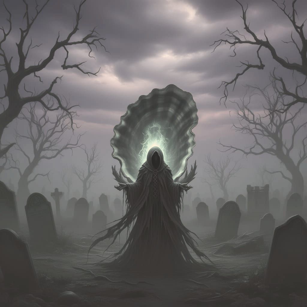 A lone garlic, cloaked in tattered gothic fabrics, stands before a colossal, ancient oyster pulsating with an eerie, internal light. The sce...