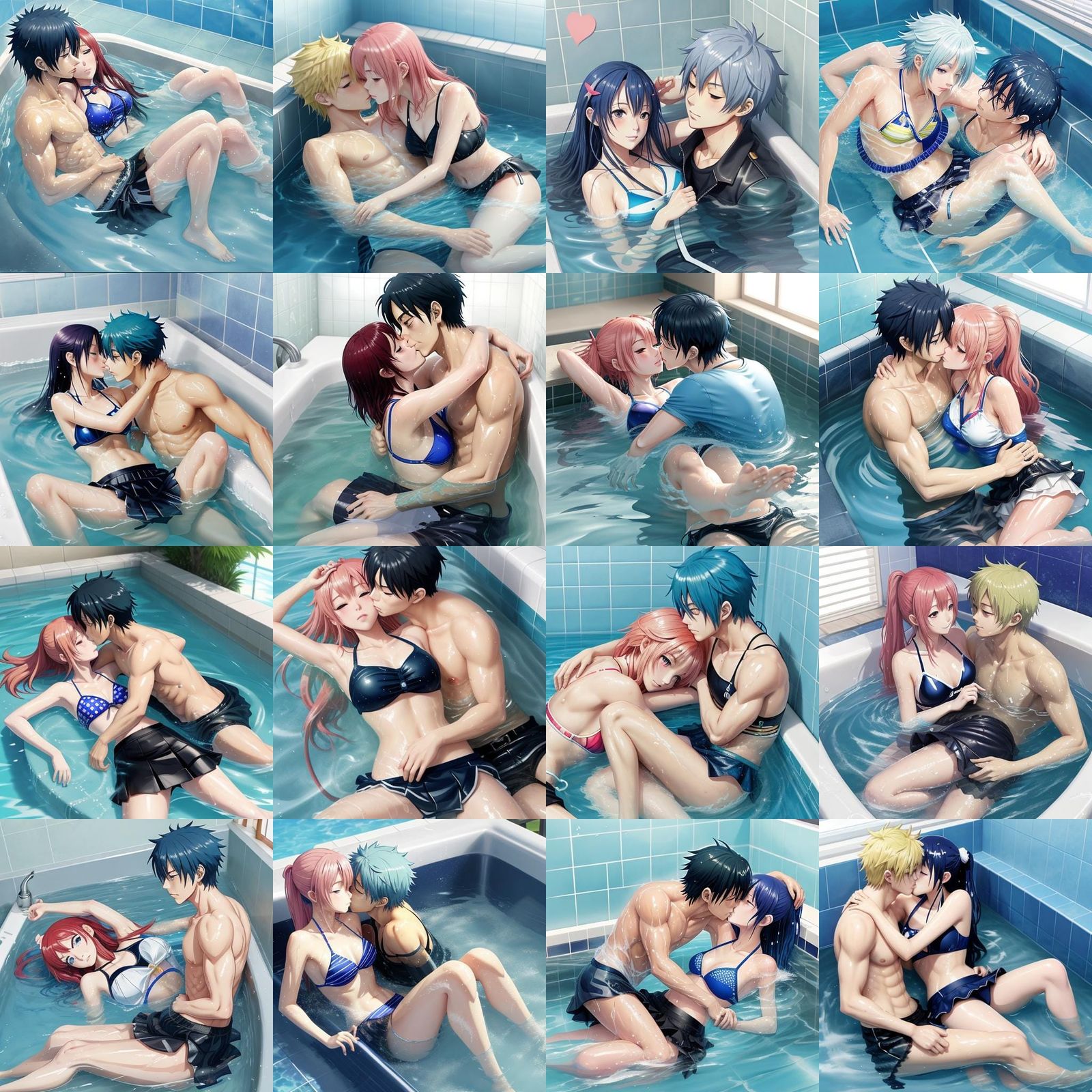 A Cute anime girl wearing a wet bikini and a wet skirt while she lie on a boy and kisses him in bath