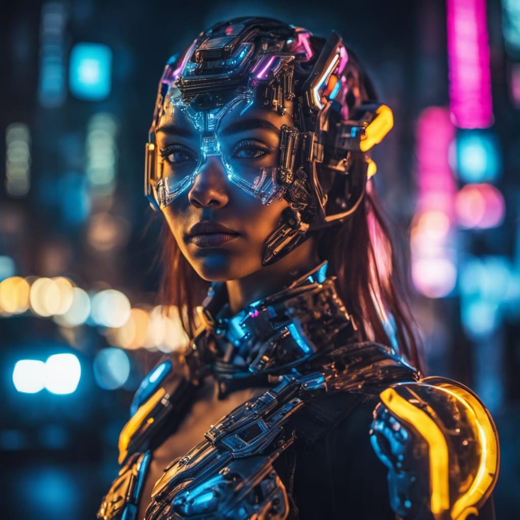 Portrait of a cyborg girl wearing futuristic face armor in a...
