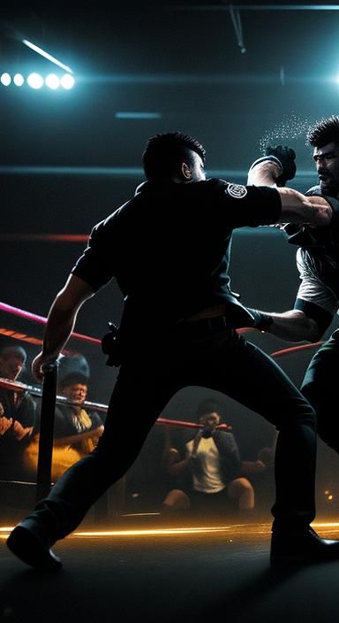 Two men engaging in a brawl at a night club. At a club.