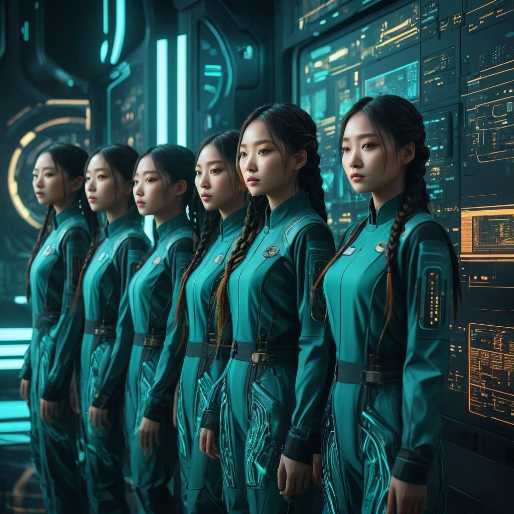 Korean Women in Futuristic Water Scene, Vibrant Digital Art