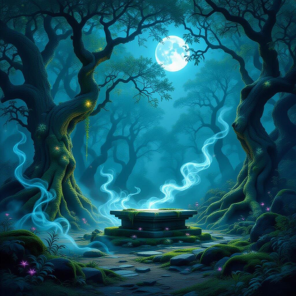 Mystical Moonlight Forest Clearing with Ancient Trees