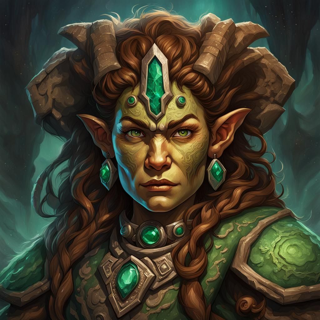 a front-facing portrait of a female, half earth elemental ha...