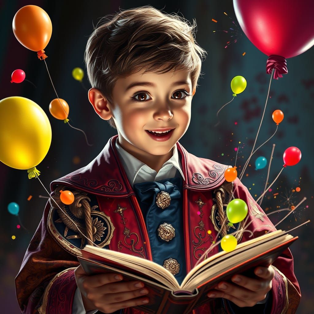 a young magician's student looks with delight at the magic book he opened, from which colorful inflatable balloons flew in different directi...