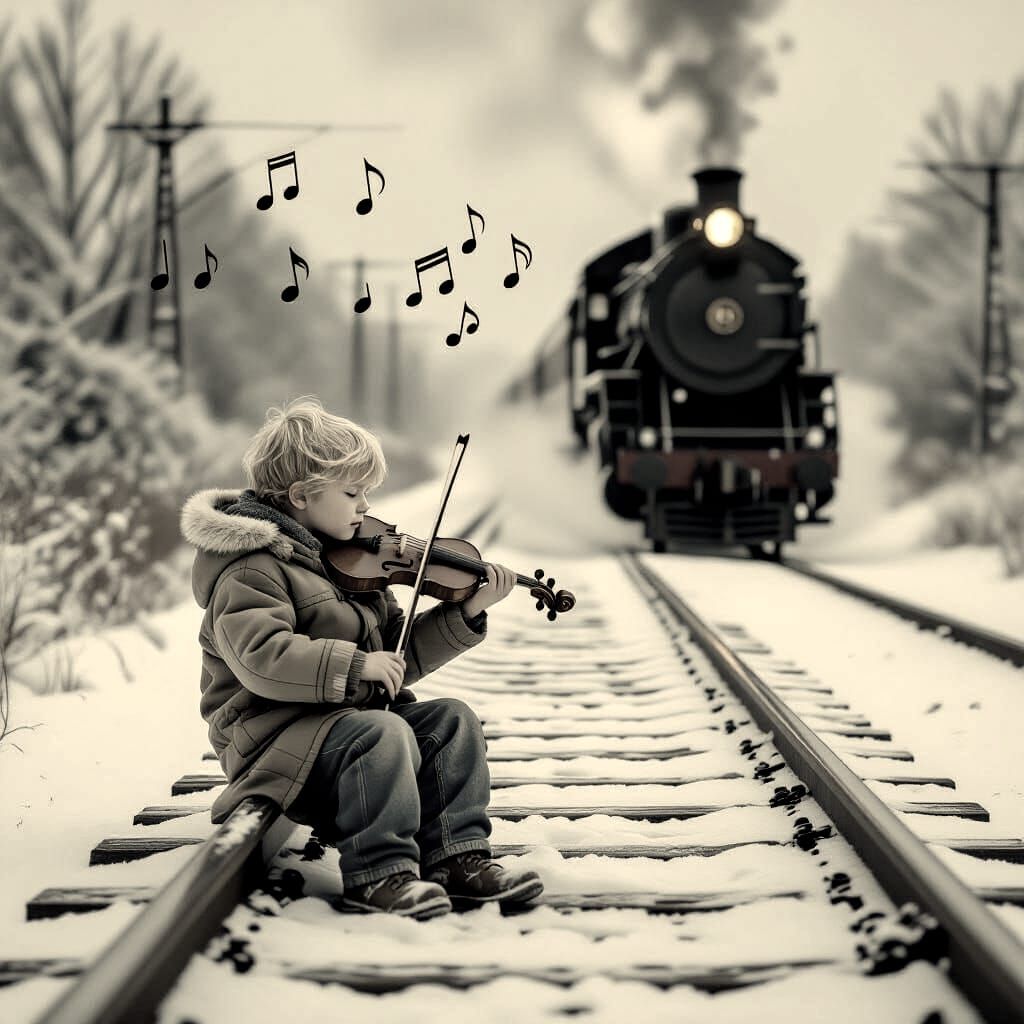 A blond boy sits on the train tracks. The boy is in torn, frayed clothes. The boy is playing the violin with music notes in the air. In wint...