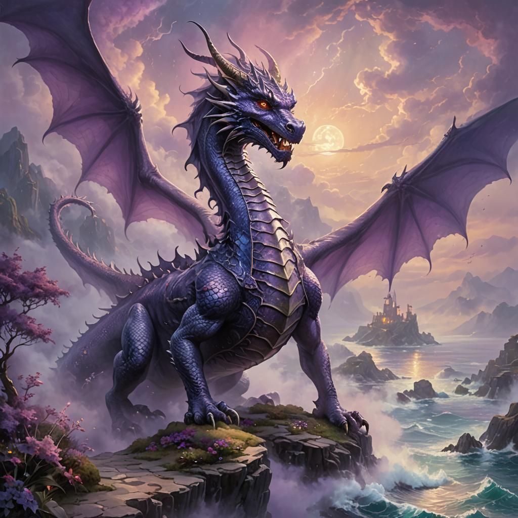 An image of a female dragon surrounded by a purple fog near the sea ...