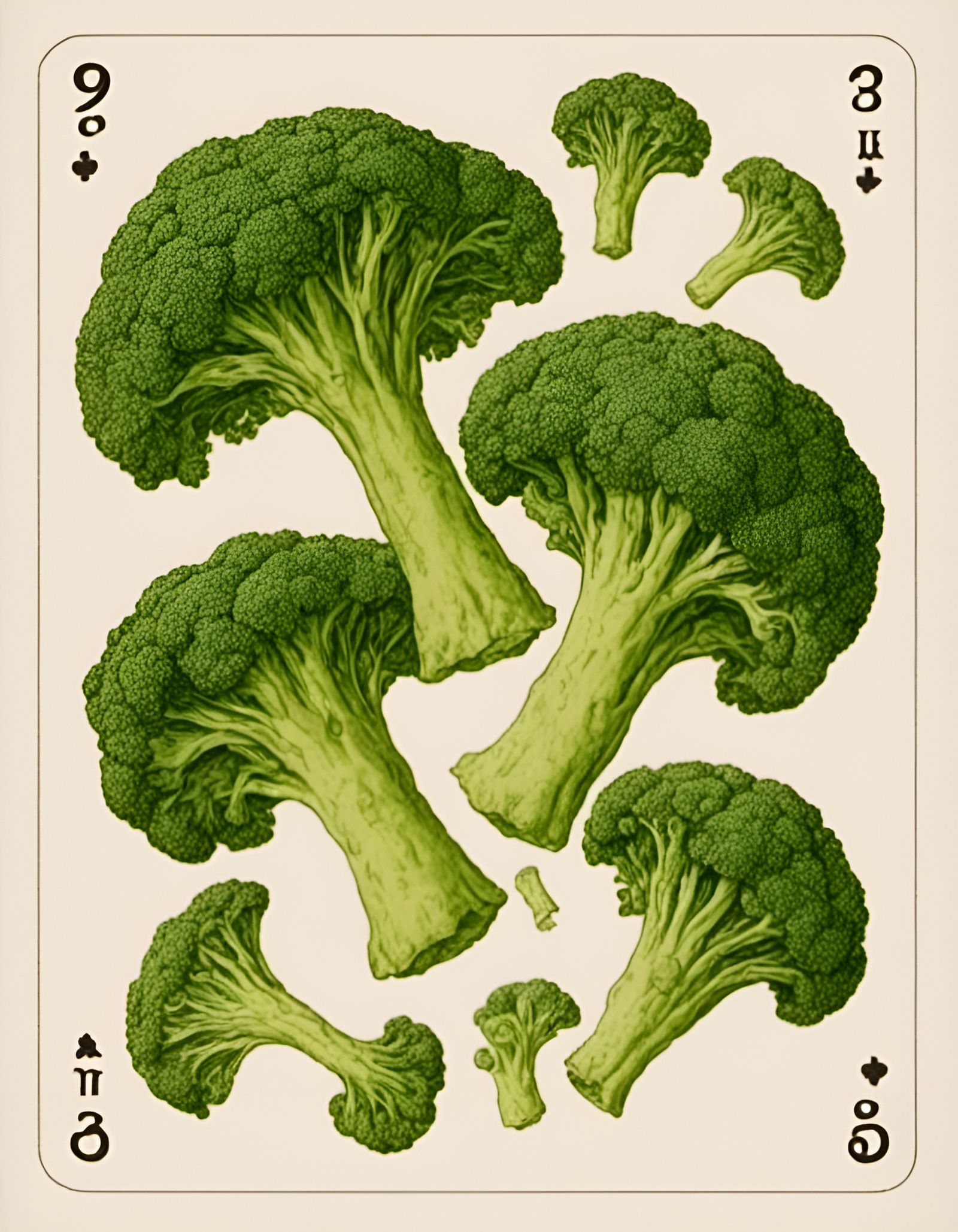 Nine of broccoli playing card <lora:Playing cards:1.3>, green club, clover, edible <lora:Fruit and Vegetables:0.7>, basil, spinach, nine obj...