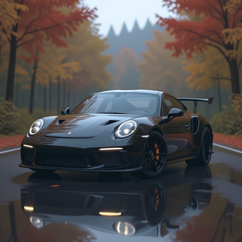 Draw the most beautiful realistic, black Porsche 911 gt3 rs on a computer, with an autumn background. The Porsche should be black with its l...
