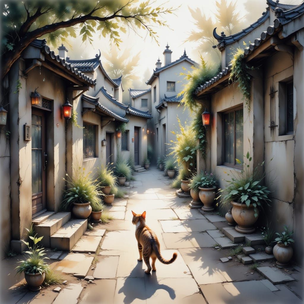 Cat Walking in China: Dreamy Watercolor