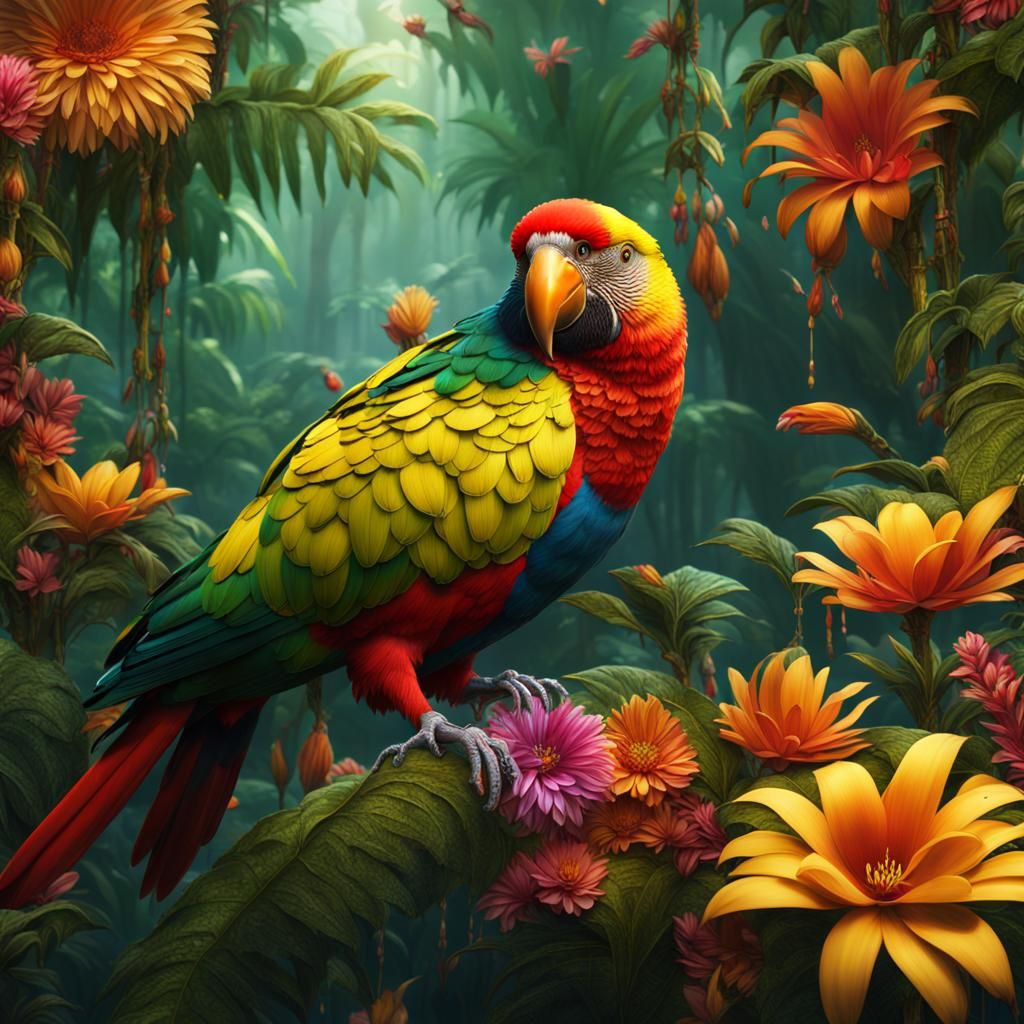 kakariki birds in amazonia forest flowers