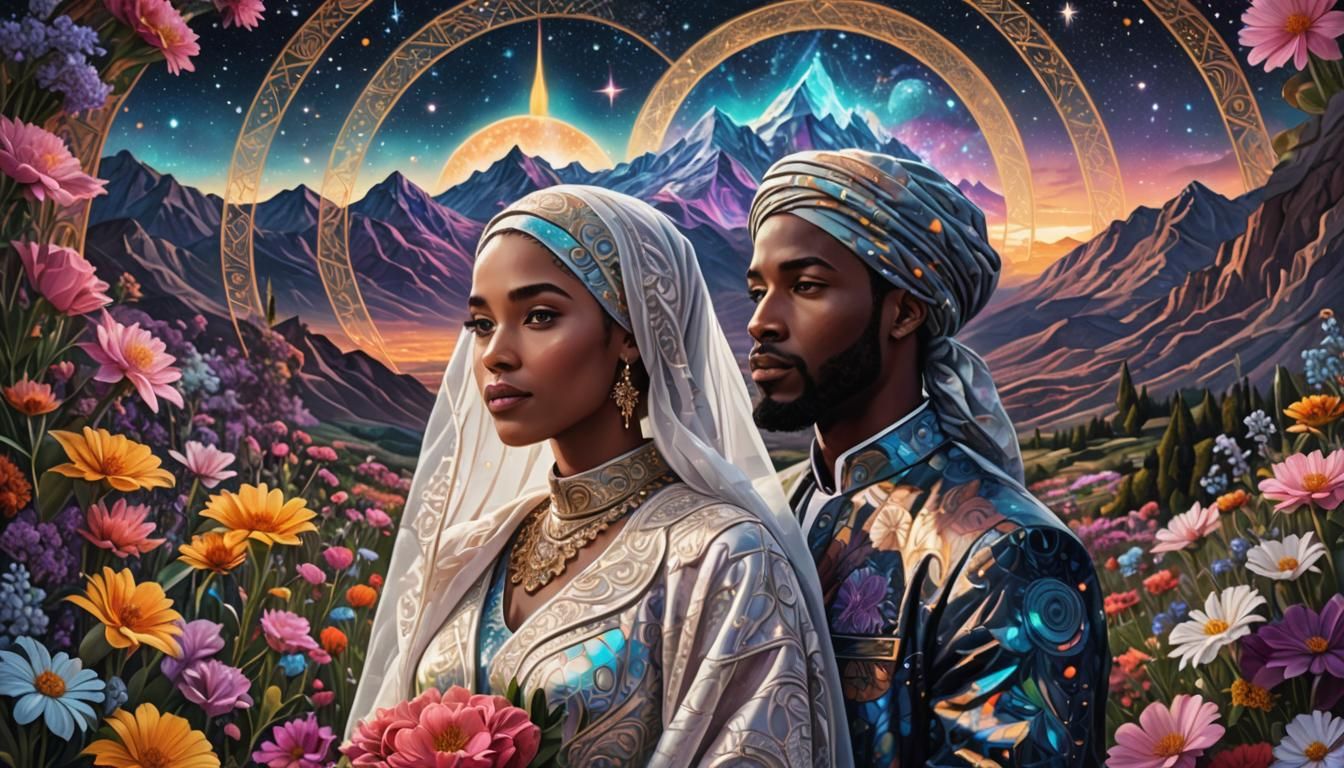 the wedding of black men and women is surrounded by beautifu...