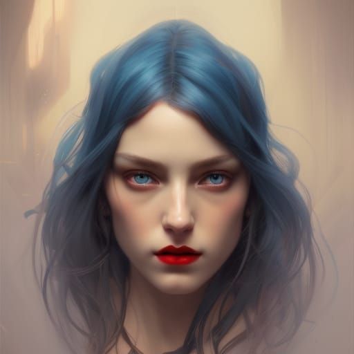 A beautiful woman with blue eyes and dark long hair red lips...