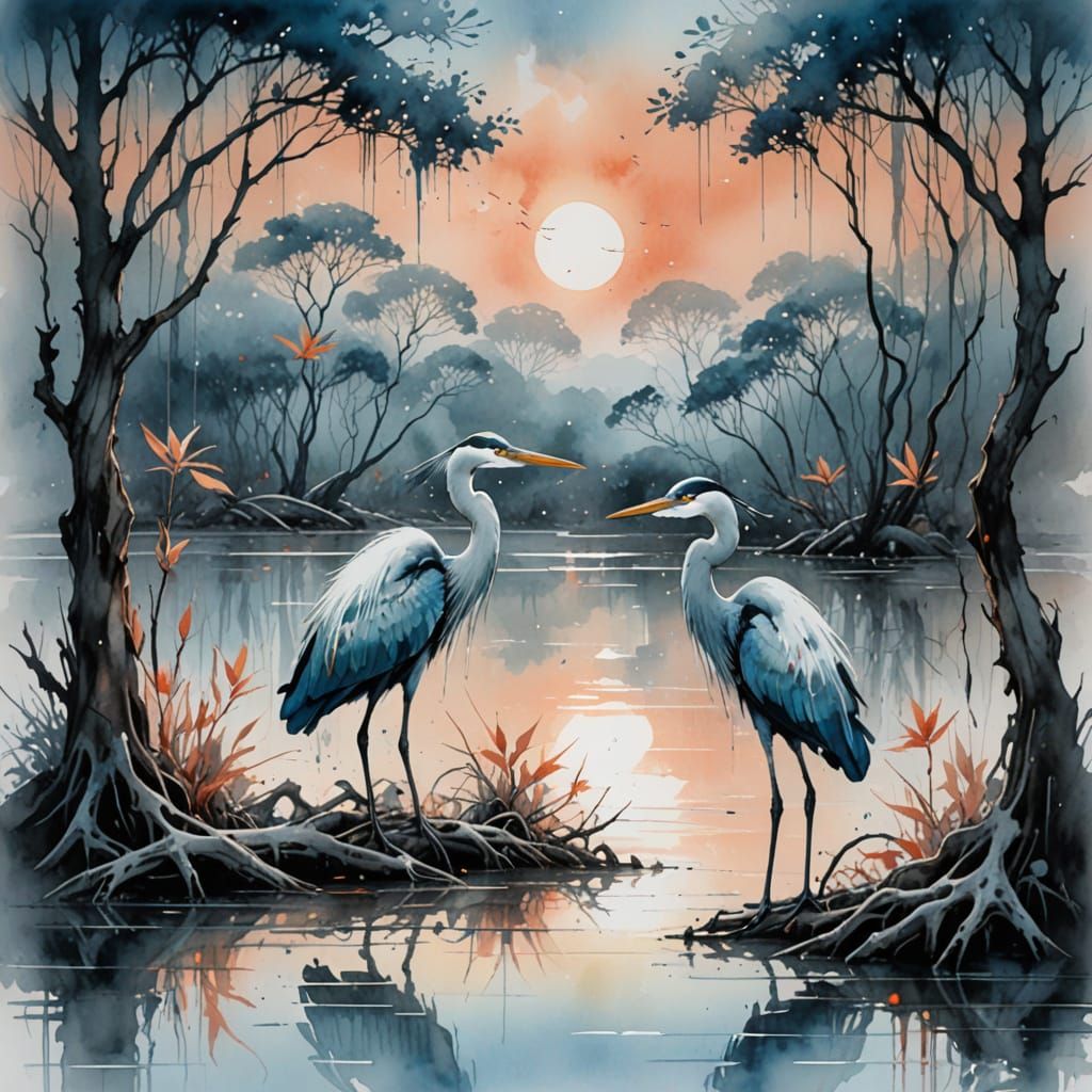 Misty mangrove twilight by a tranquil estuary, two elegant heron chicks with powder-blue and peach plumage ...  by @arTistic_miNd