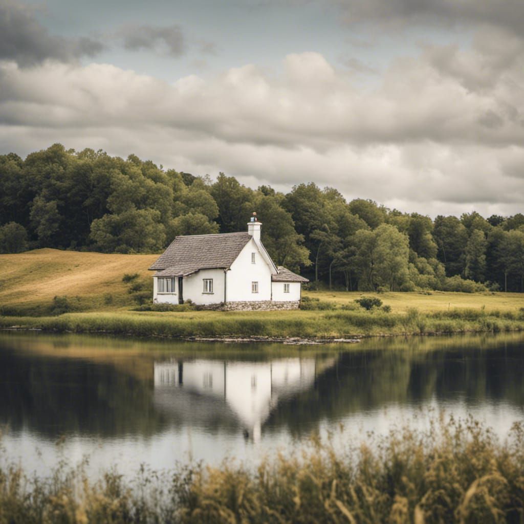 WHITE COTTAGE IN THE MIDDLE OF THE COUNTRYSIDE NEXT TO A LAK...