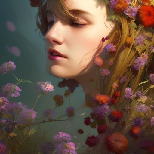 Secret flower garden head and shoulders portrait, 8k resolut...