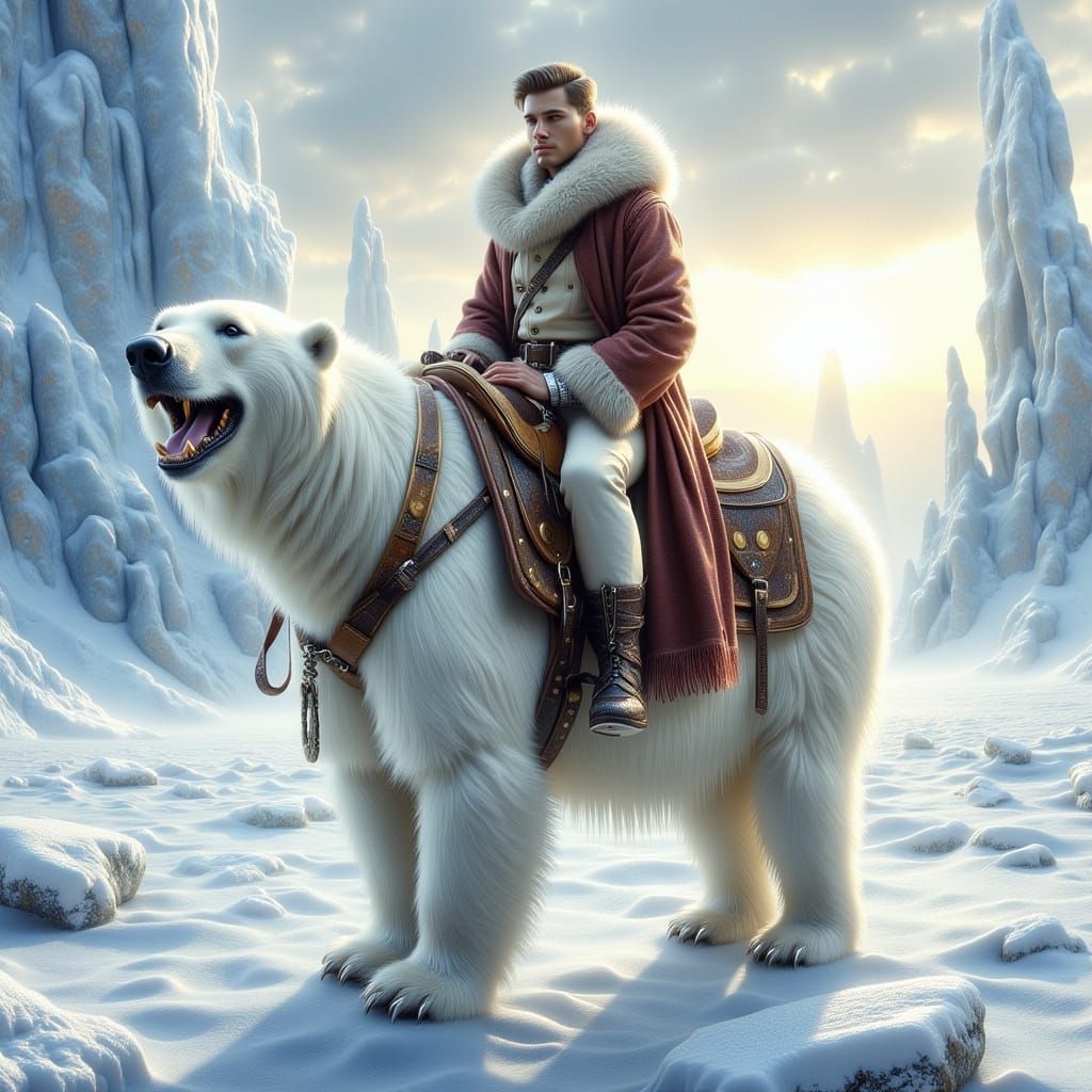 <lora:SumnerVision2:1.0> <lora:Exquisite Flux:1.0> Create a stunning, cinematic scene of a young man riding a magnificent polar bear across ...