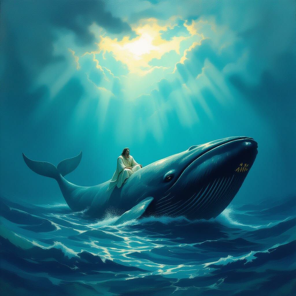 Joyful Ancient Figure Inside Whale Amidst Stormy Seas