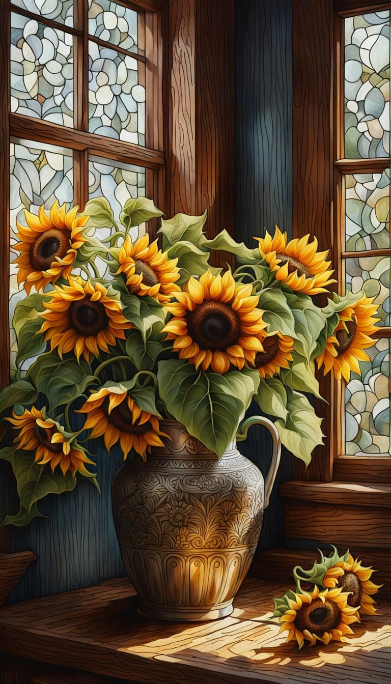 Creative upscale of vase of sunflowers. 

Dark outlines, close-up portrait of a bouquet of sunflowers in a vase in a rustic kitchen. highly detailed,  intricate motifs. Organic trace...