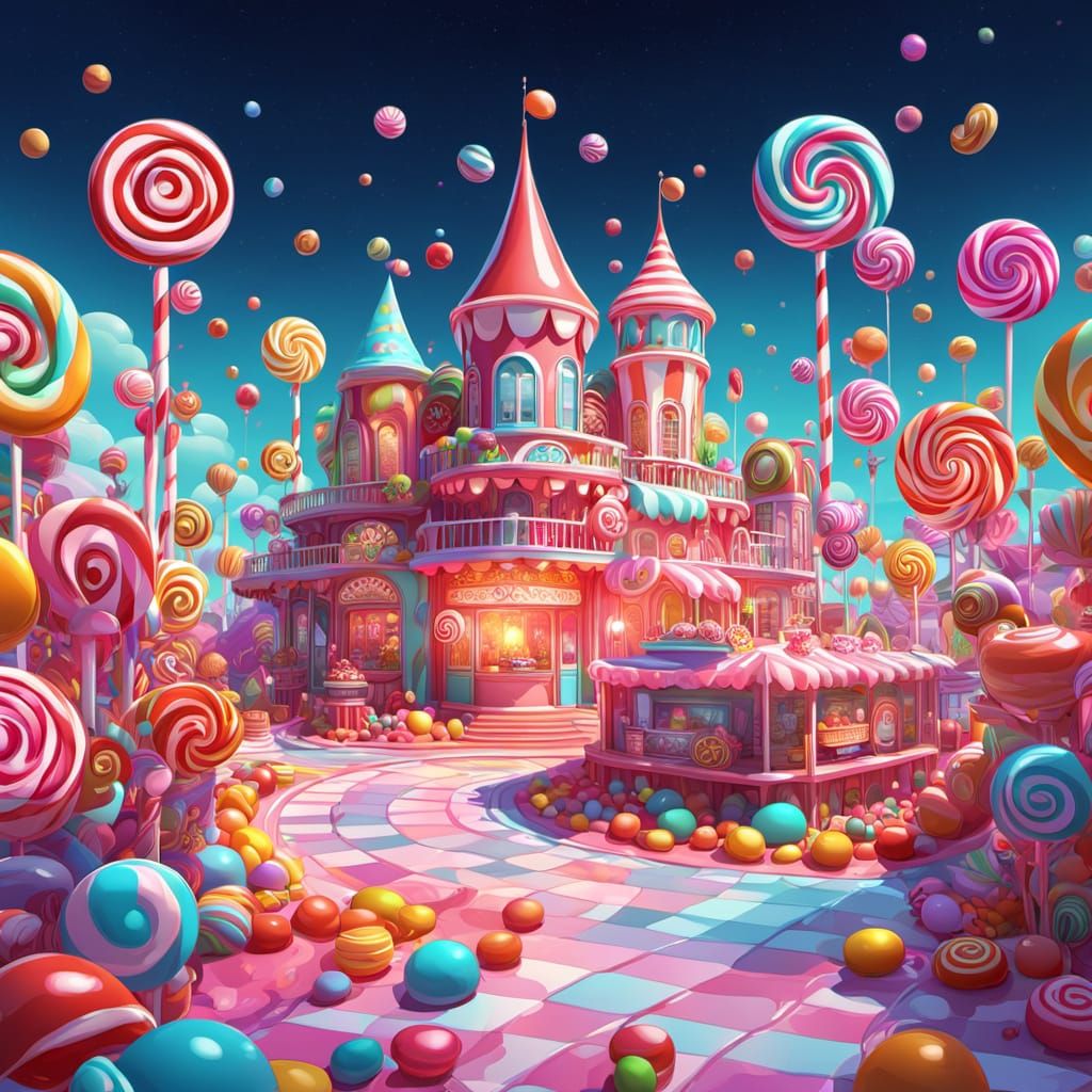 ambience. Masterpiece quality, 8k, intricate detail, glowing, sparkly, smooth, elegant, ornate Candy art style! Whimsical playful colorful! ...