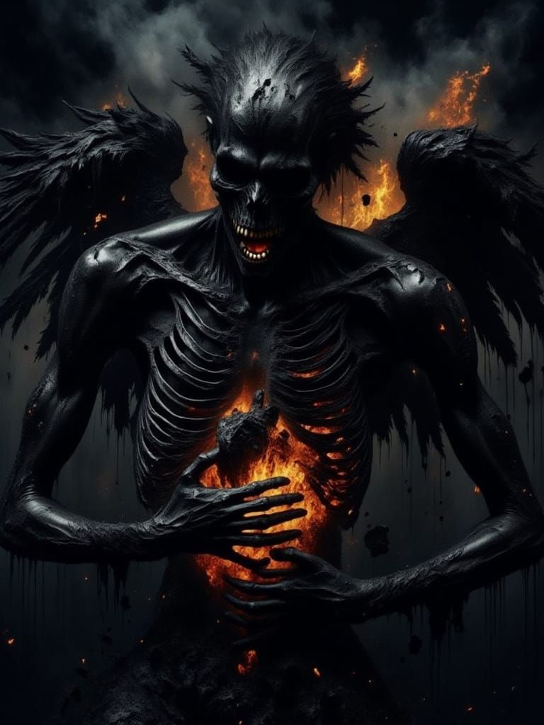 <lora:Shadow Intensity:1.0> <lora:Morbid:1.0> Renaissance oil painting, artistic painting,  man with jet black skin, a burning molten metal ...