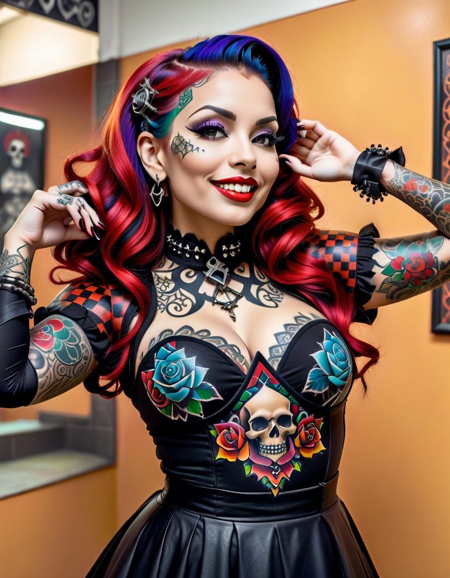 Latina pinup, A gothic boldly adorned woman with a large, intricate