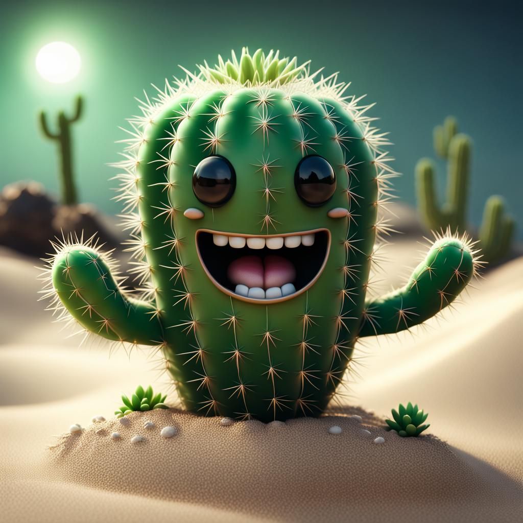 a cute happy cactus with a smiling face made of shiny green....