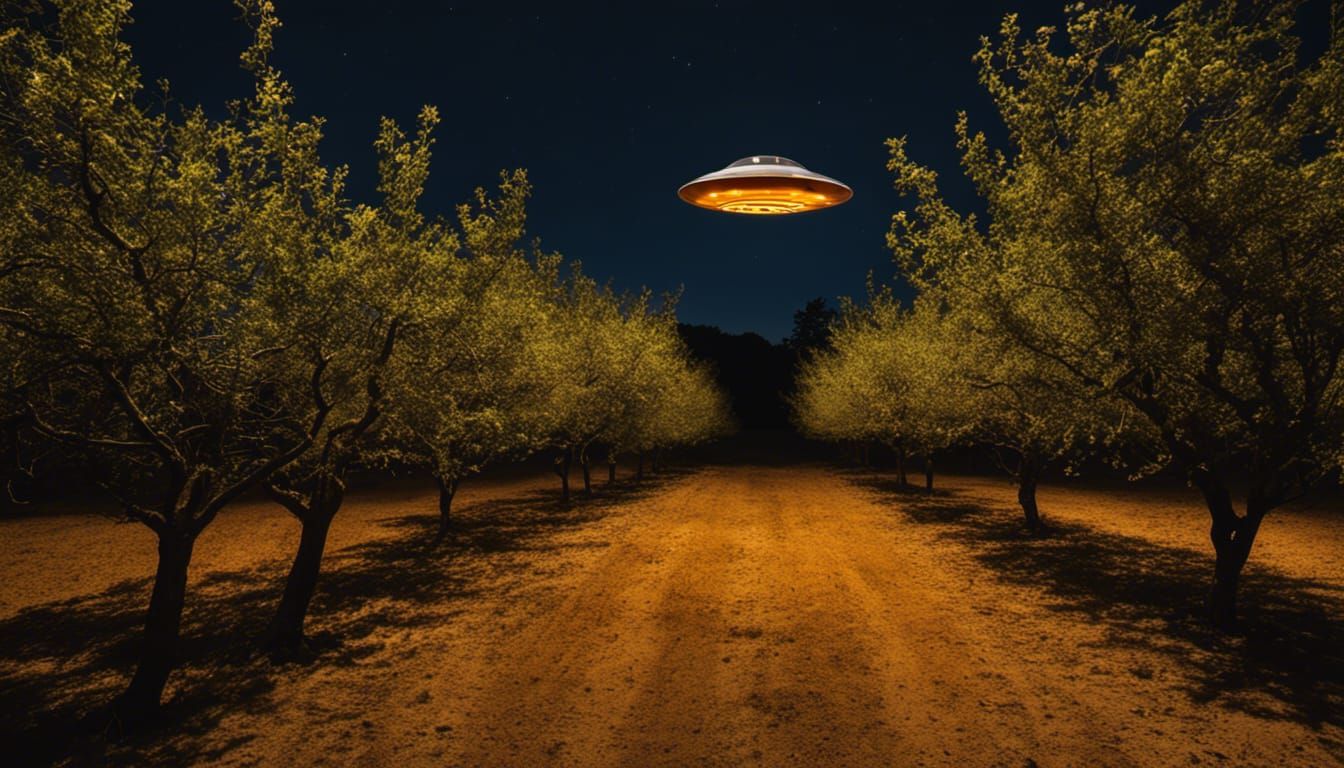 at night, 21 foot tall, barrel shaped UFO with amber lights ...
