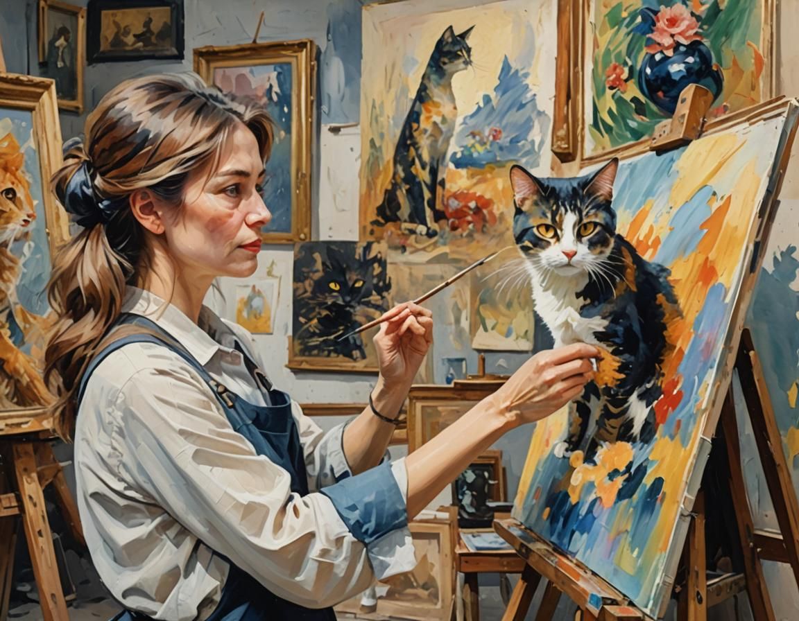 Painter with Cat Painting in Gouache Style