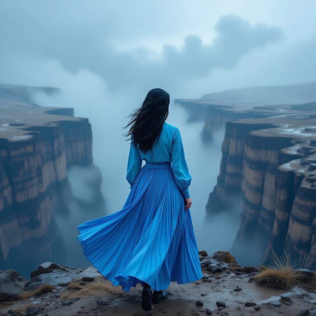 Woman in Blue at the Edge of Abyss