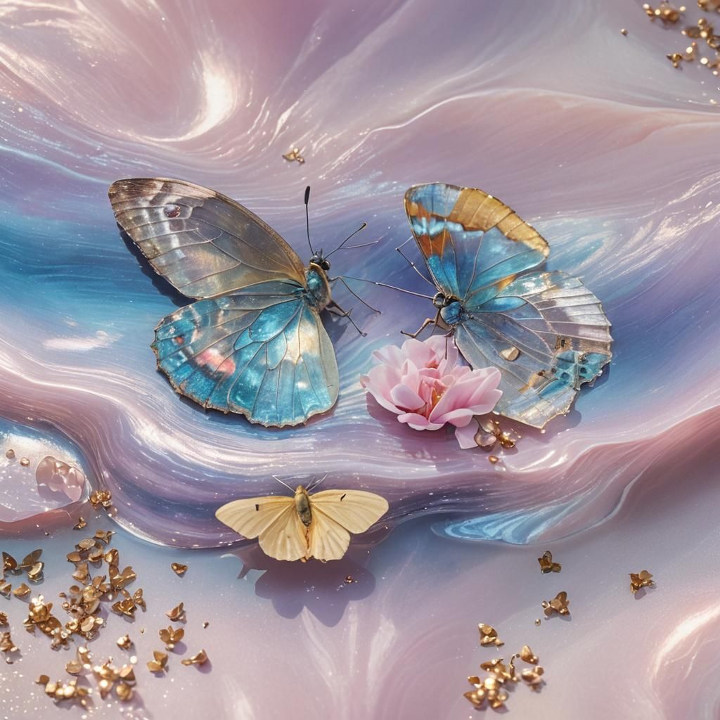 Pearlescent butterflies and flowers 