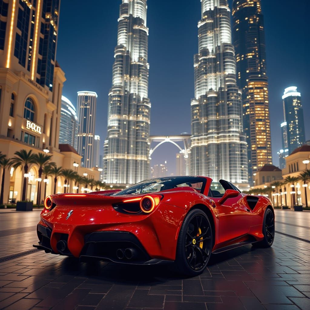 <lora:Stunning Vehicles:1.0> Ferrari 488 spider red in front of the burj khalifa Cinematic film still, shot on v-raptor XL, film grain, vign...