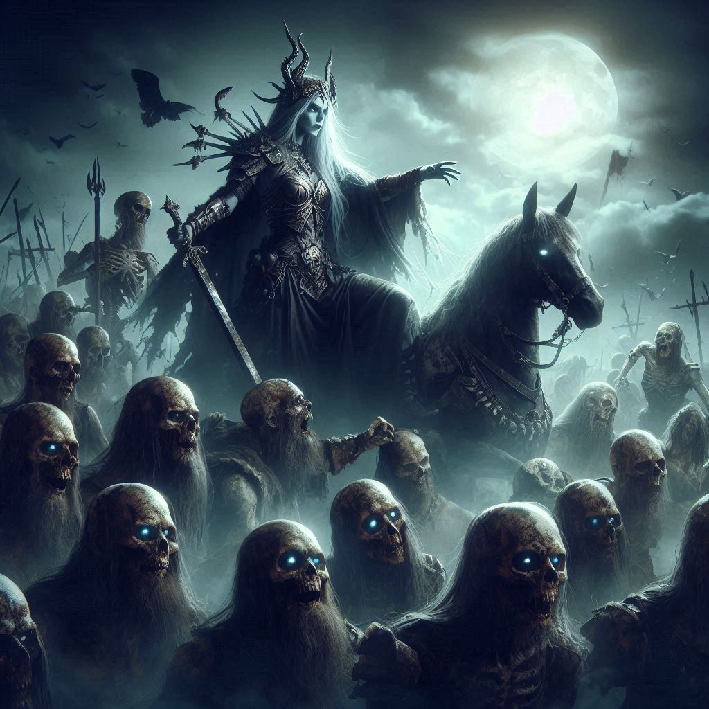 Norse myth goddess Hel, raising a horde of undead warriors