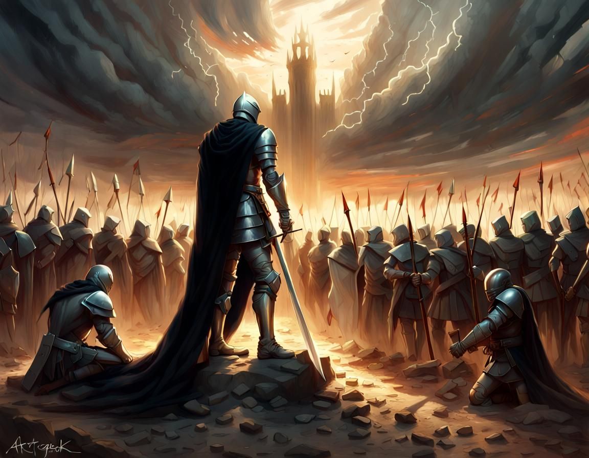 A lone knight kneels in the center of a barren battlefield surrounded ...