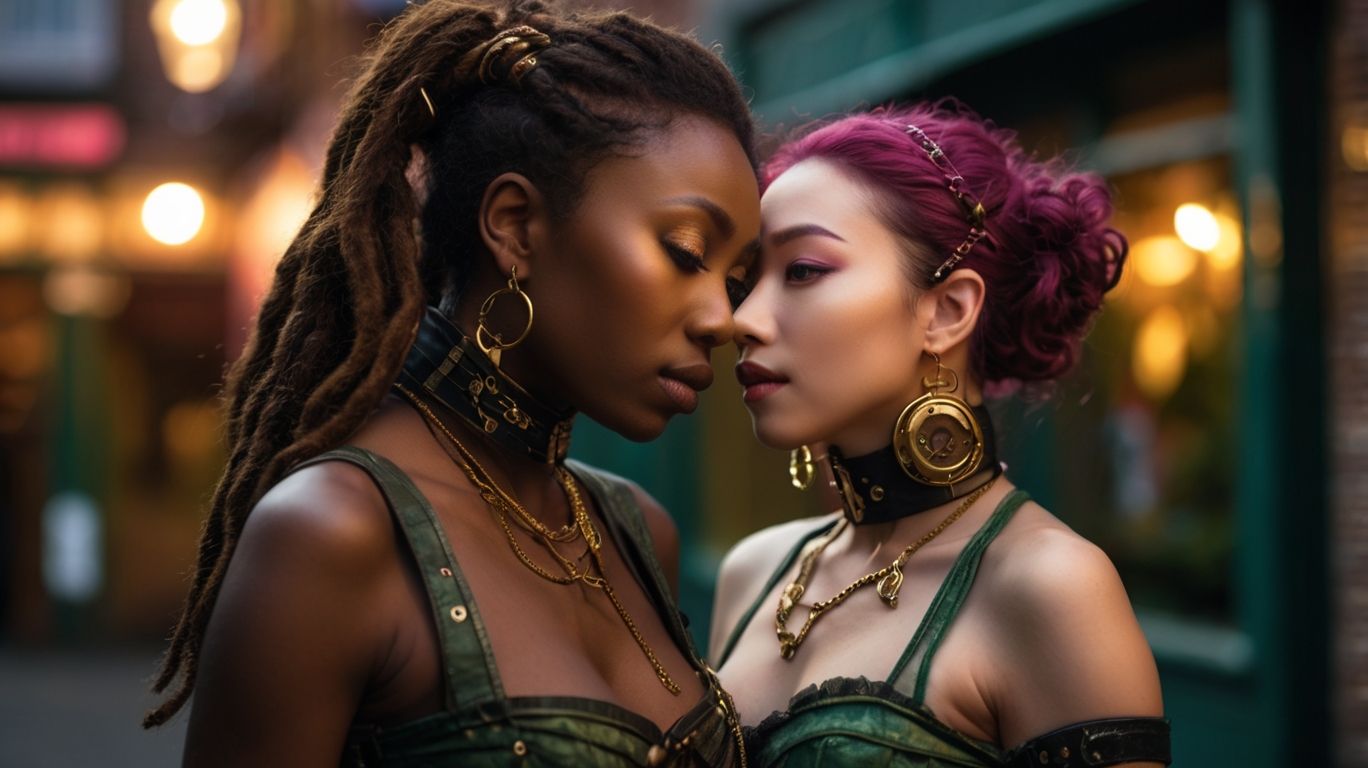 A young black afro woman with long wavy hair tied in braids, and a Korean woman with short pink pixie hair