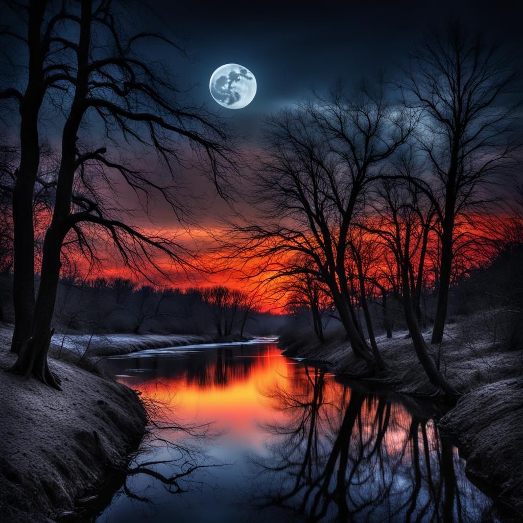 Create a digital image that captures a dark and mystical riverscape at twilight, with a large moon with ...  by @Dantonio