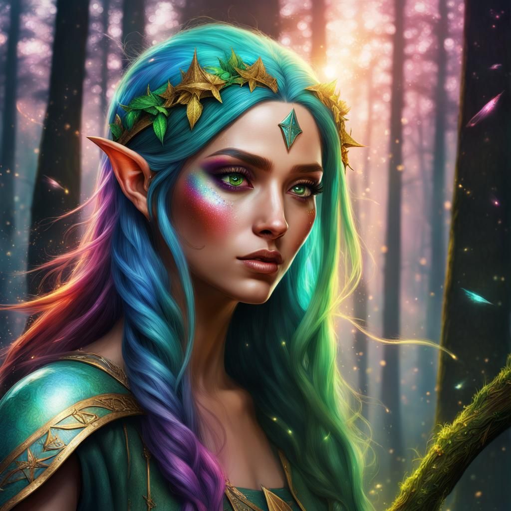 Beautiful Tall majestic Elves, glitter rainbow hair, wearing green ...