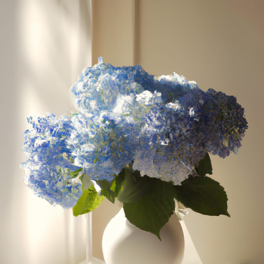 A bouquet of Blue Hydrangeas, in a white vase, sitting in a ...