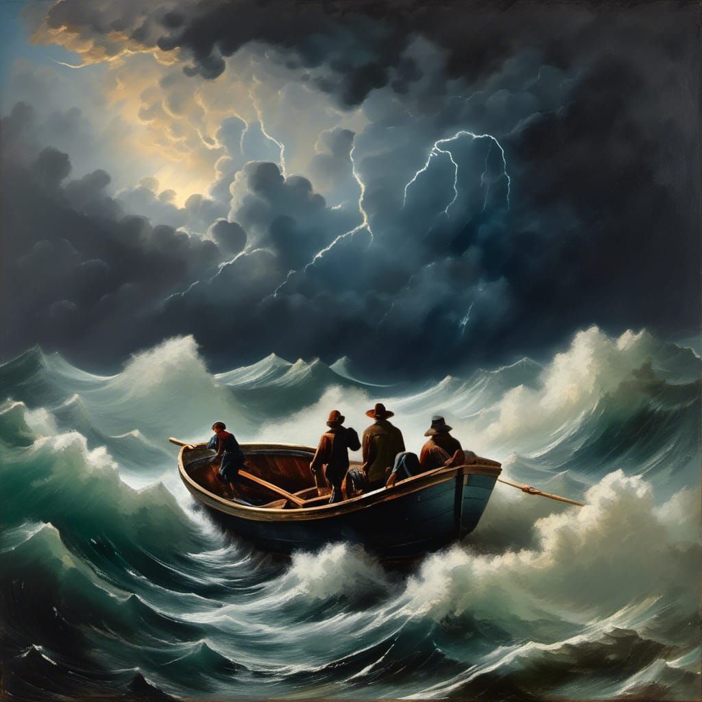 Epic cinematic shot in vibrant anticipation, TERRIFIC oil painting, brave 1940s fisherman in small fishing boat caught in severe storm, epic...