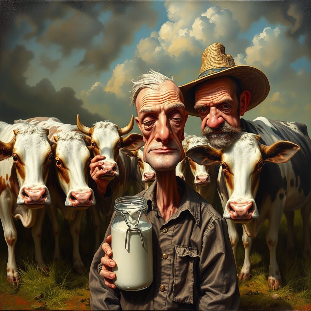 Surreal Farmers, Cows, and Milkman in Bosch-Varo Style