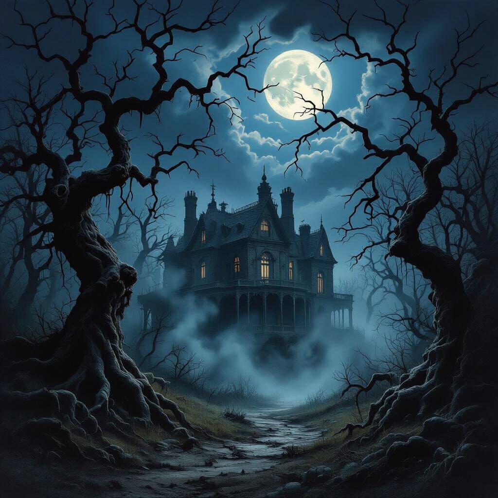 Evil Night with a haunted forrest opening up to a run down grand mansion.
