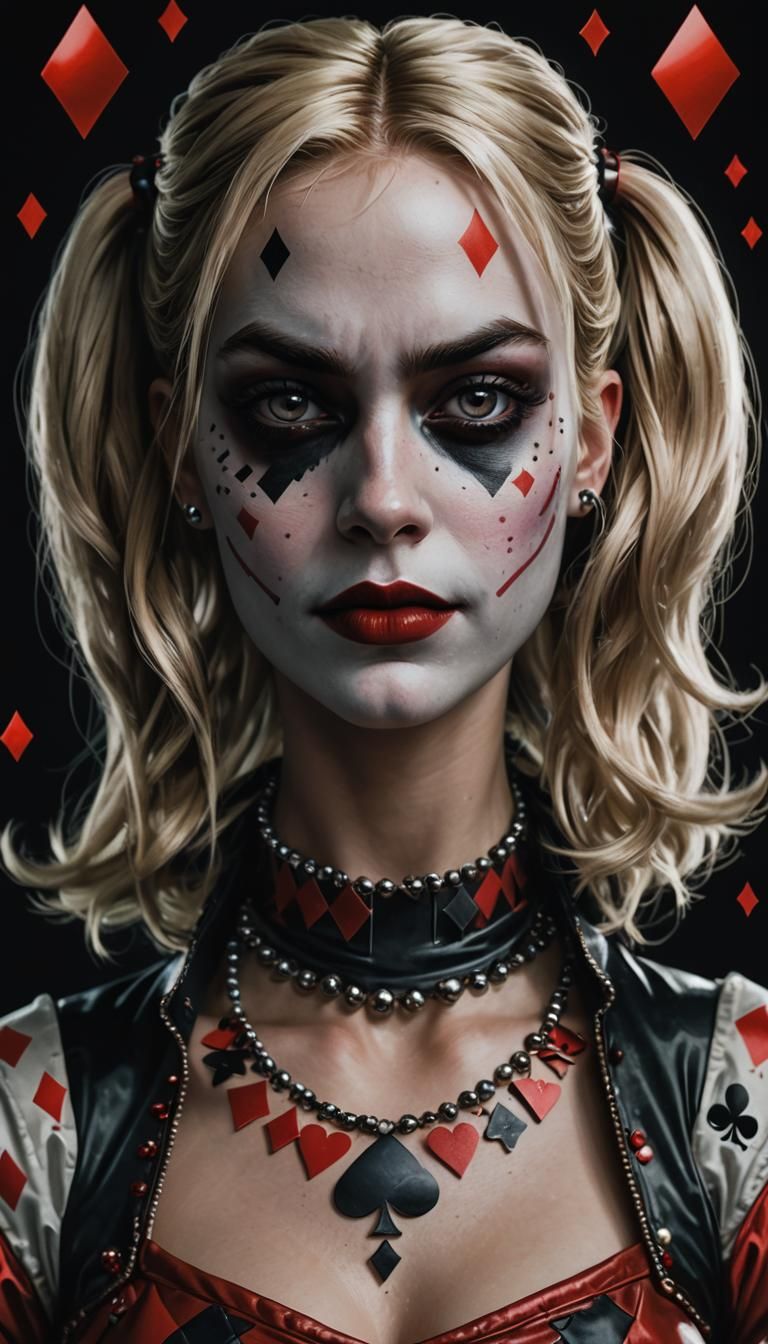 Realistic portrait of a Harley Quinn Create a playing card o...