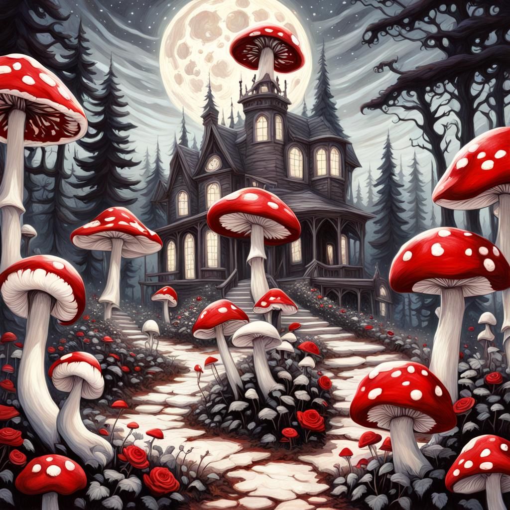 Gothic Victorian Garden with Crimson Roses Under Starry Nigh...