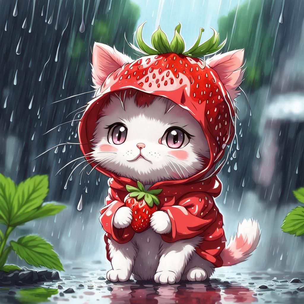  little adorable strawberry cat in rain 