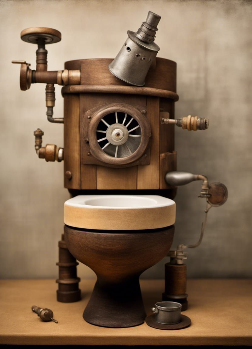 old toilets upcycled into steam-driven working wooden figurative ...