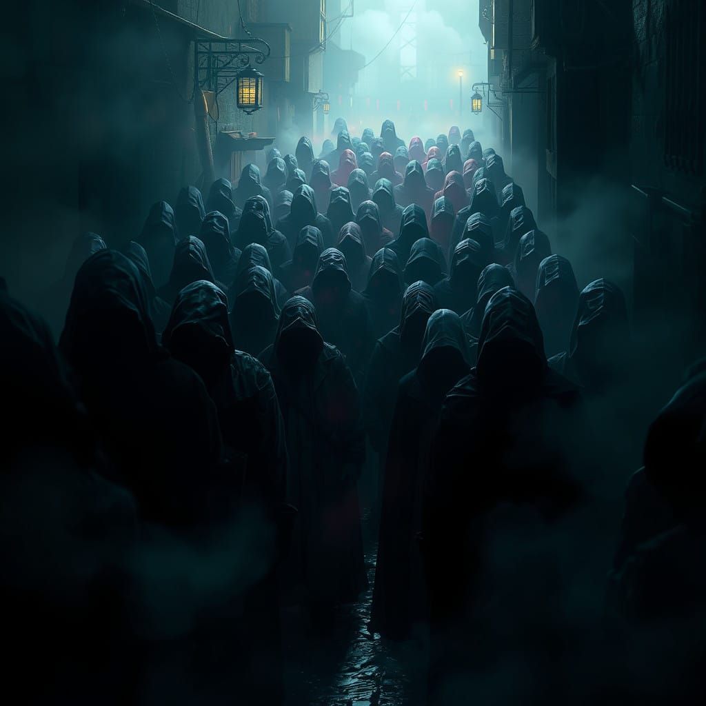 Mysterious Figures Gather in Dark, Fog-Shrouded Alleyway