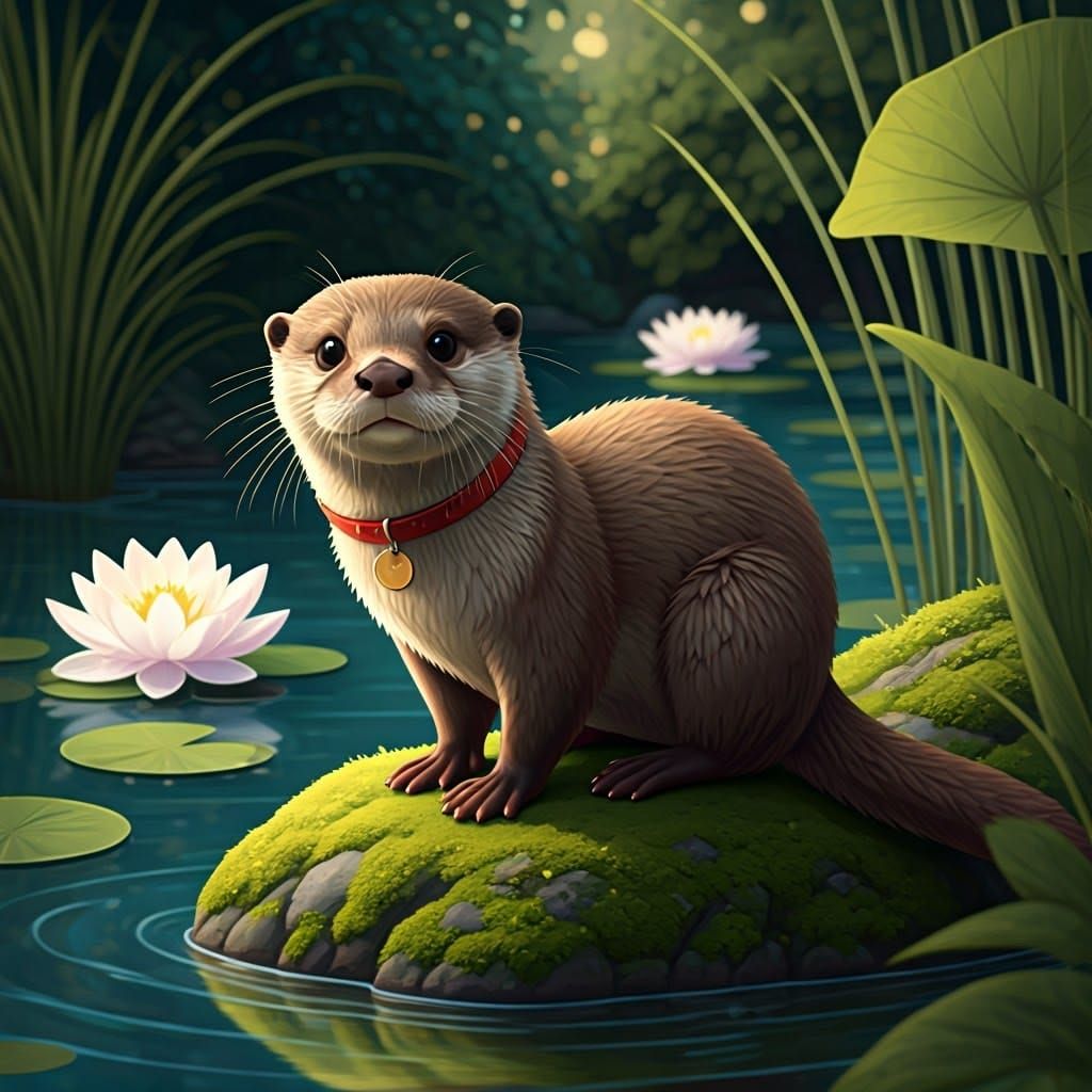 Anime Otter with Red Collar in Dreamy Landscape