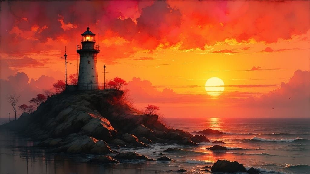 A lighthouse on a rocky peninsula at sunset, red orange, and yellow sky <lora:Ink Poet:1.0> <lora:Akimora:1.0> ...  by @Dantonio
