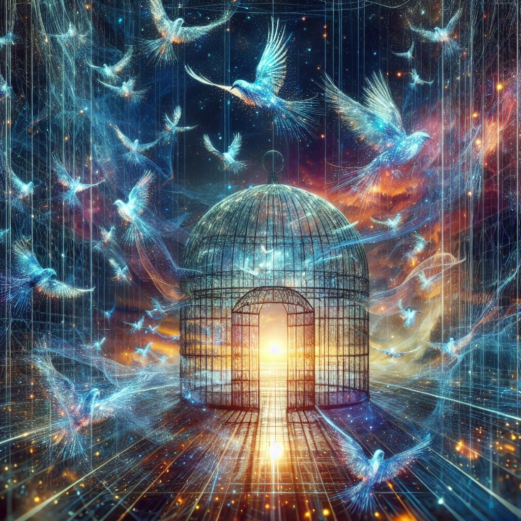 Double exposure galaxies Double exposure of hundreds of luminous exotic birds flying OUT of the gate ...  by @HarrietM