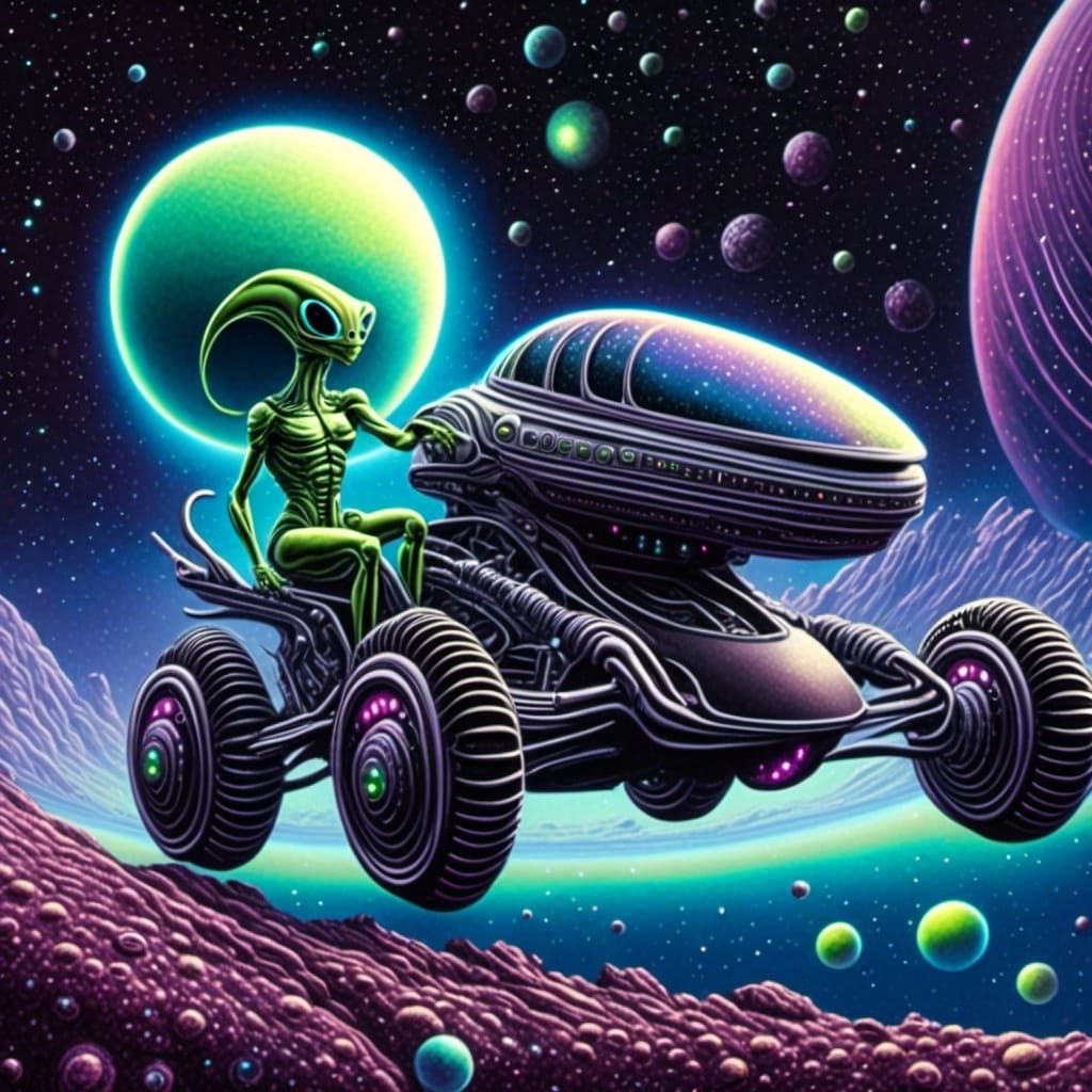 alien with visible musculature, grooves, swirled curled hair, holding little dog sitting in alien space car on rocky planet surface | soft s...